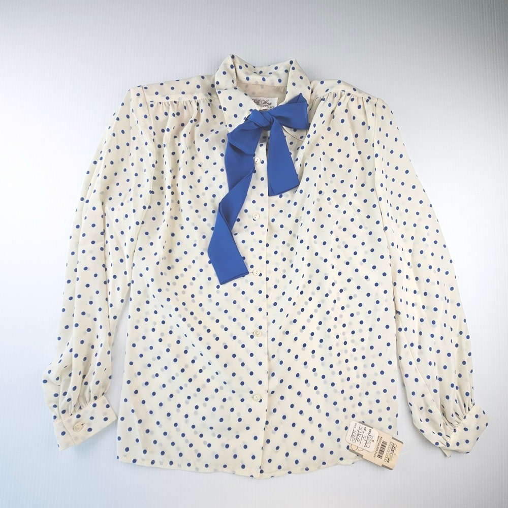 Lilli Ann Vintage Polka Dot Blouse Royal Blue Cream Bow Tie Size 8  70s